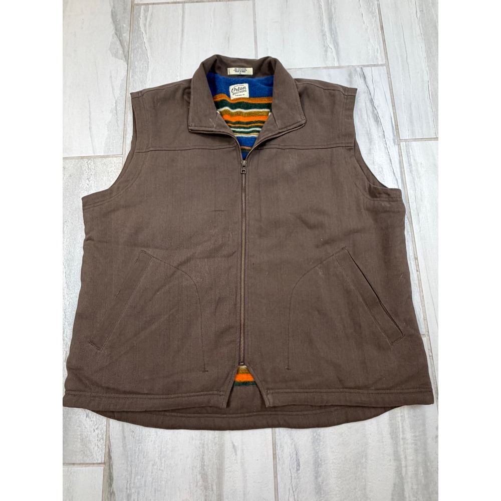 Orton Brothers Mens XL Brown Canvas Zip Up Vest Striped Fleece Lined 78108